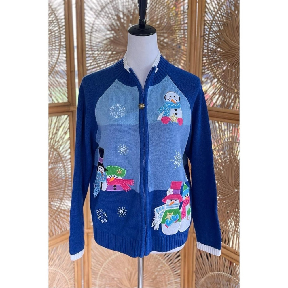 Vintage Tiara International Blue Embroidered Christmas Snowman Zippered Cardigan - Picture 2 of 7